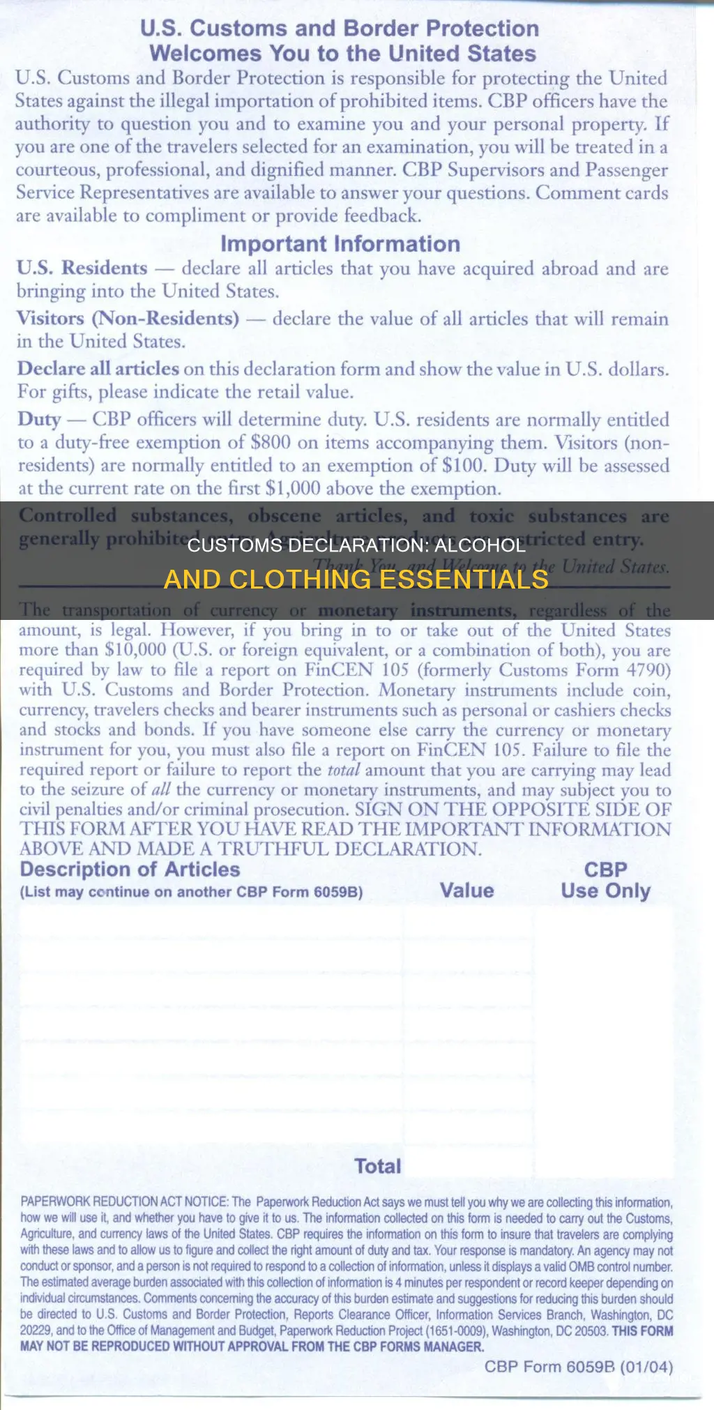 do i need to declare clothes alcohol us customs