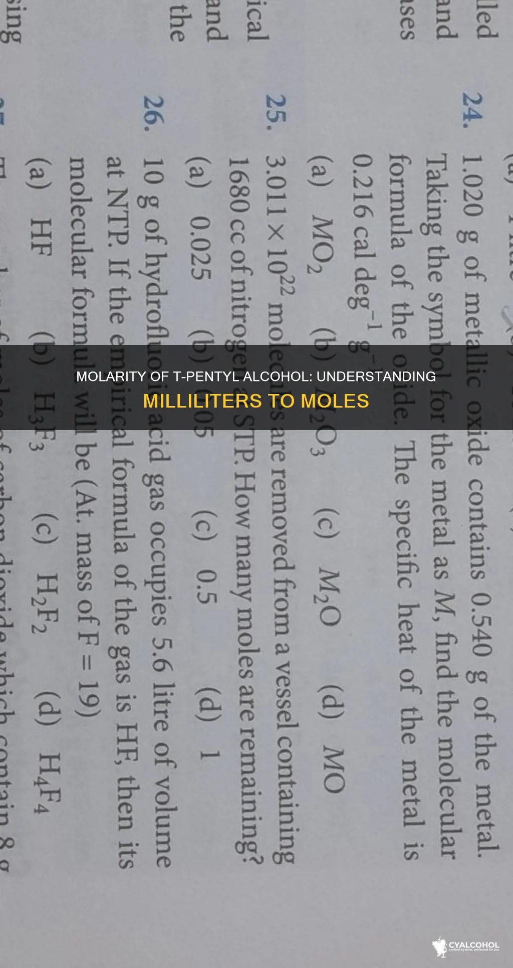 how many moles in a ml of t-pentyl alcohol