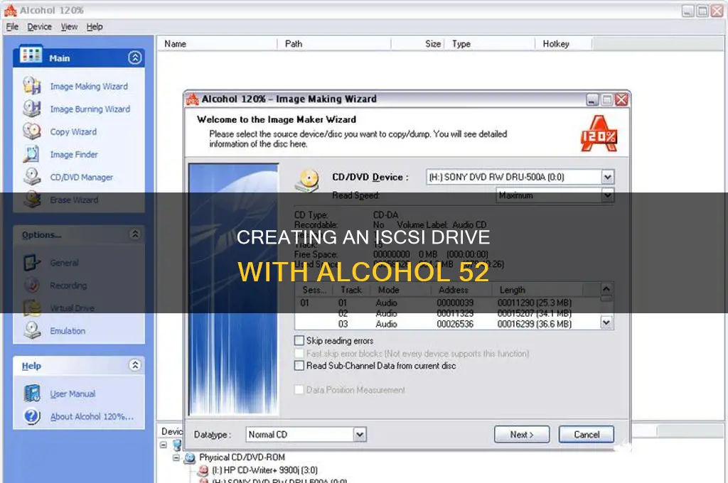 how to create iscsi drive with alcohol 52