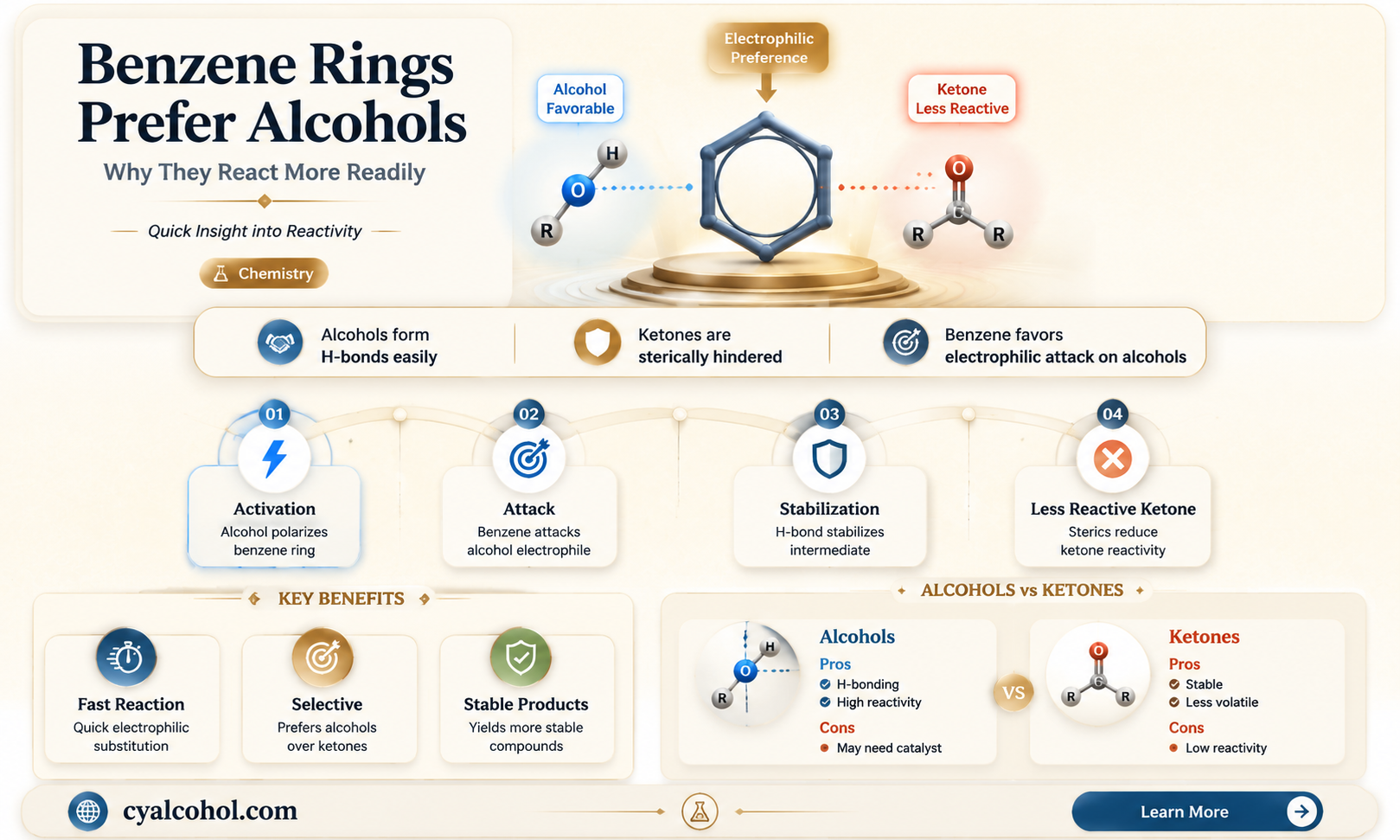are alcohols more reactive with benzene rings than ketones