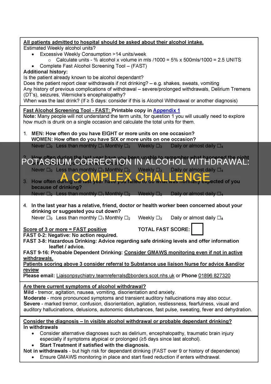 why is potassium difficult to correct in alcohol withdrawal