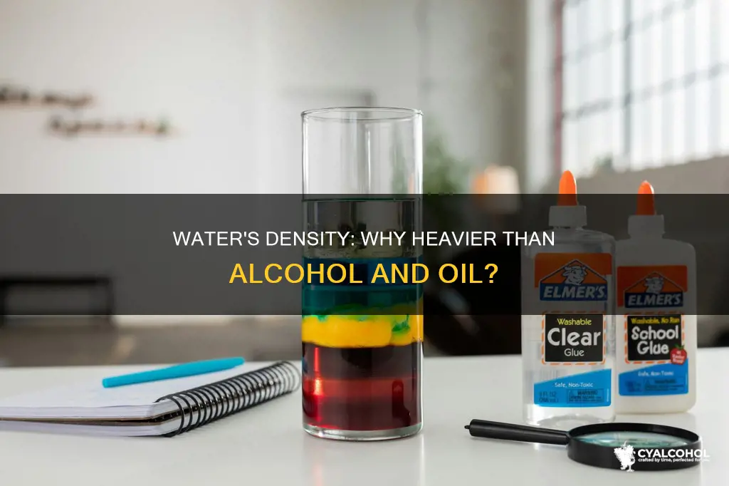 why is water more dense than alcohol and oil